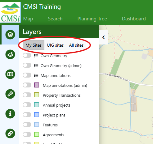 A screenshot highlighting the different site selection options in the Map Layers menu