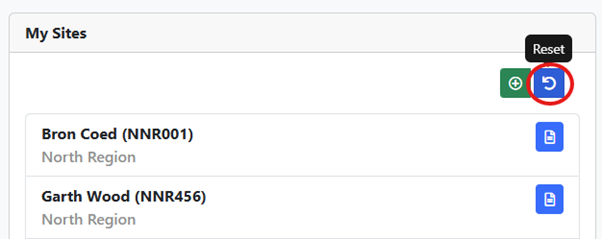 A screenshot showing how to reset your My Sites in the Dashboard